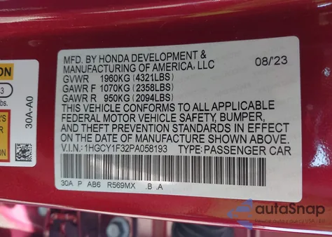 2023 Honda Accord Ex from USA, damaged, VIN 1HGCY1F32PA058193